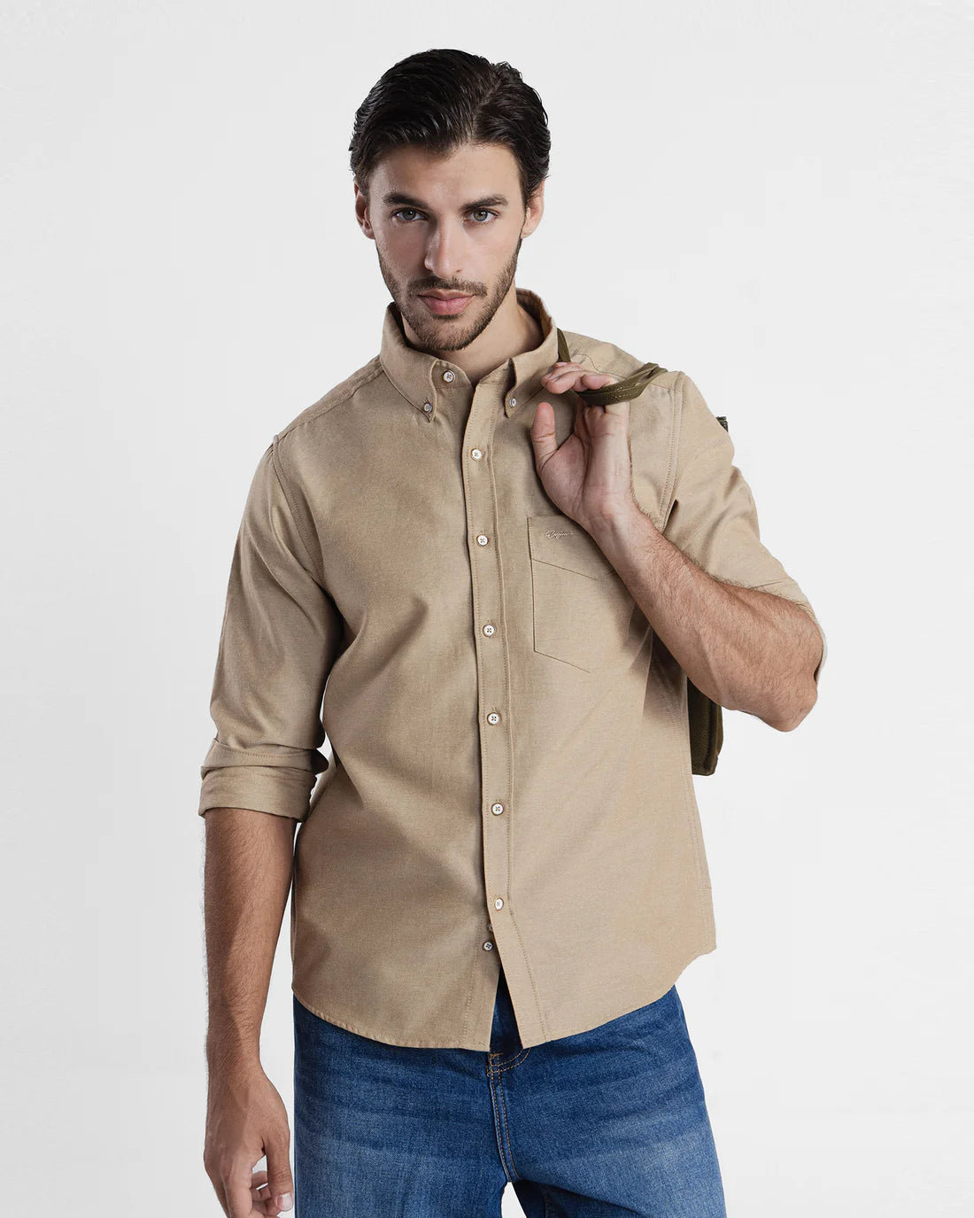 Men Regular Fit Camel Beige Casual Shirt