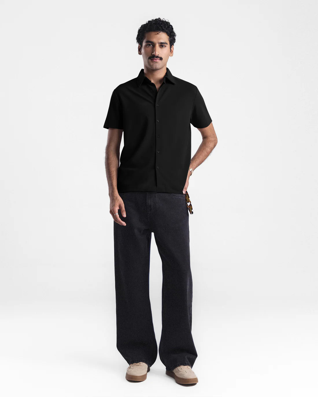 Men Button Down Short Sleeve Black Shirt