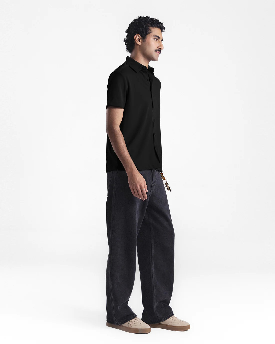 Men Button Down Short Sleeve Black Shirt