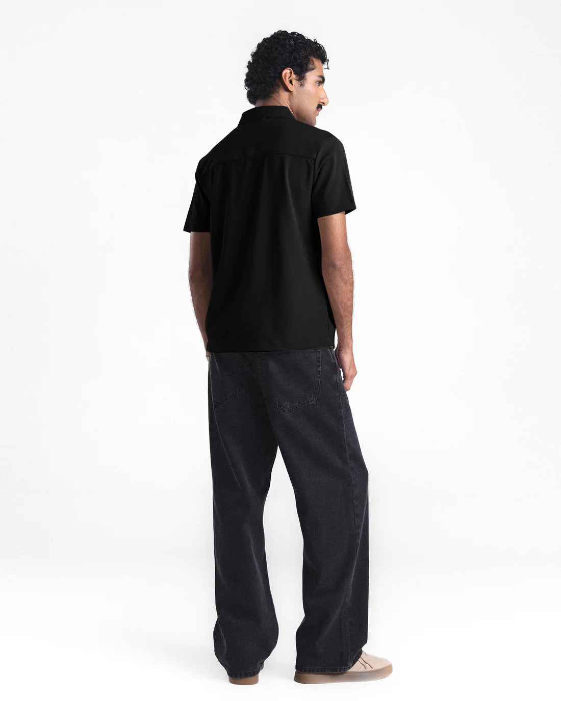 Men Button Down Short Sleeve Black Shirt