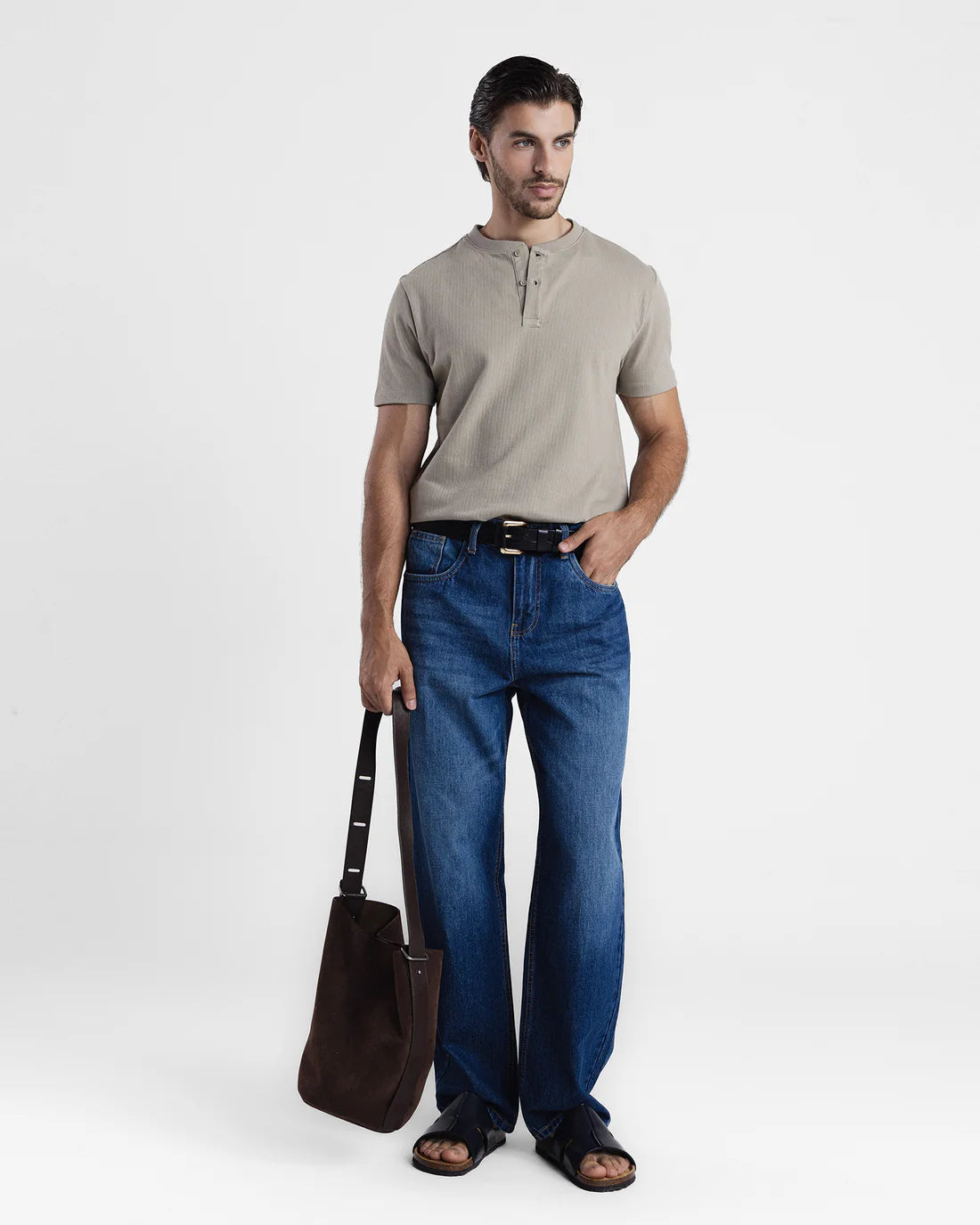Men Henley Beige T-Shirt