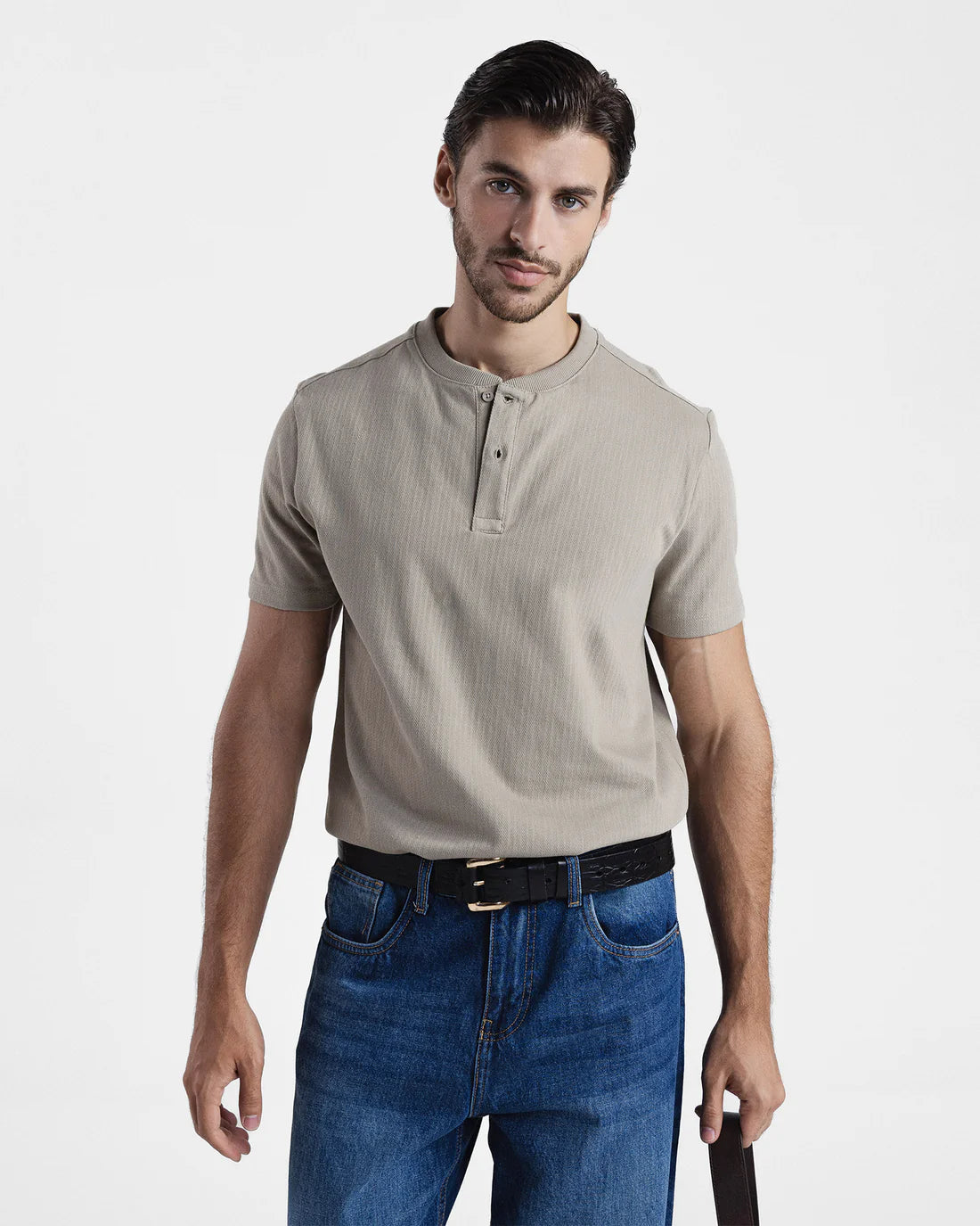Men Henley Beige T-Shirt
