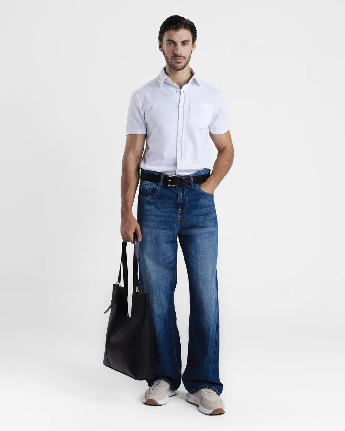 Men Button Down Short Sleeve White Shirt