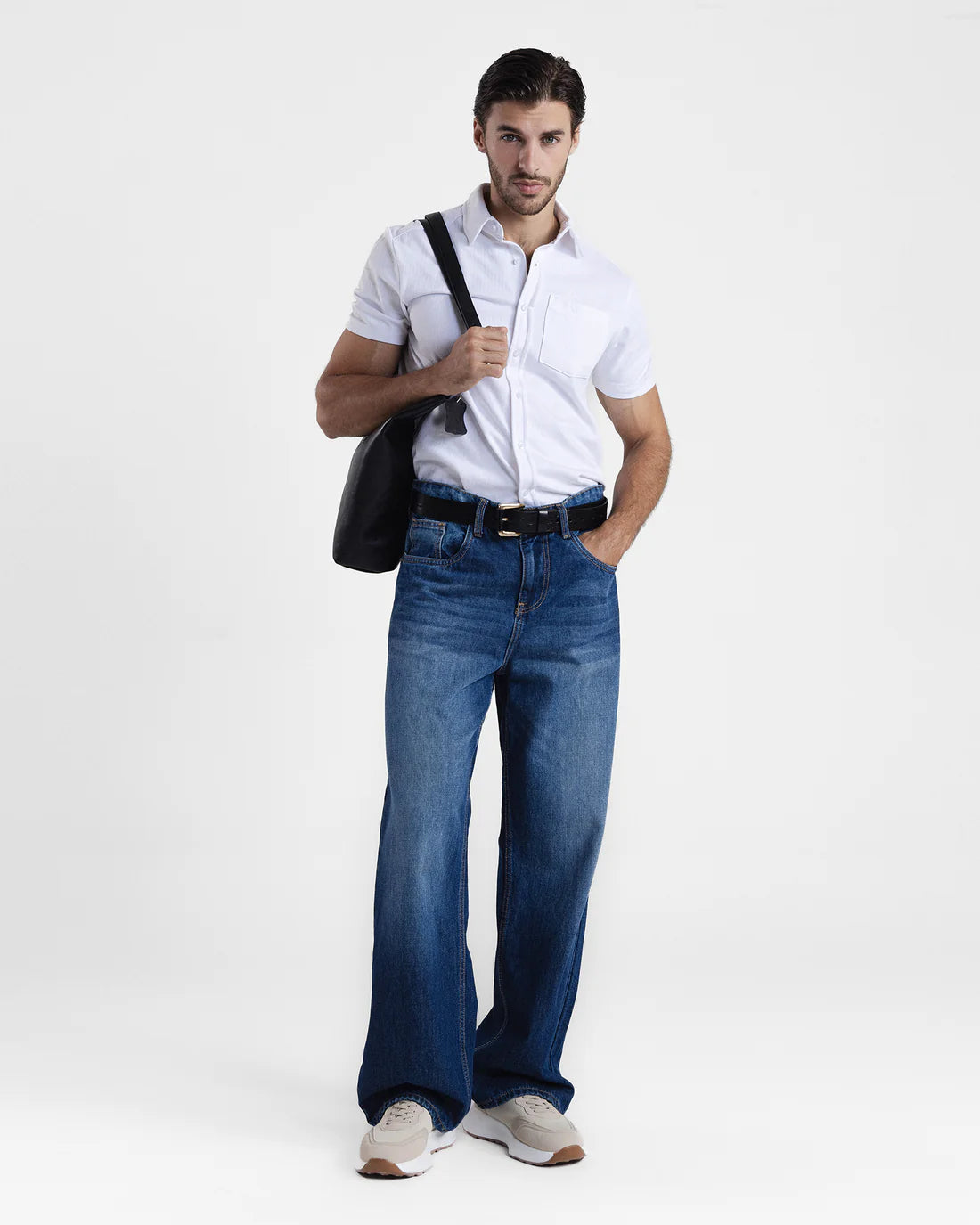 Men Button Down Short Sleeve White Shirt