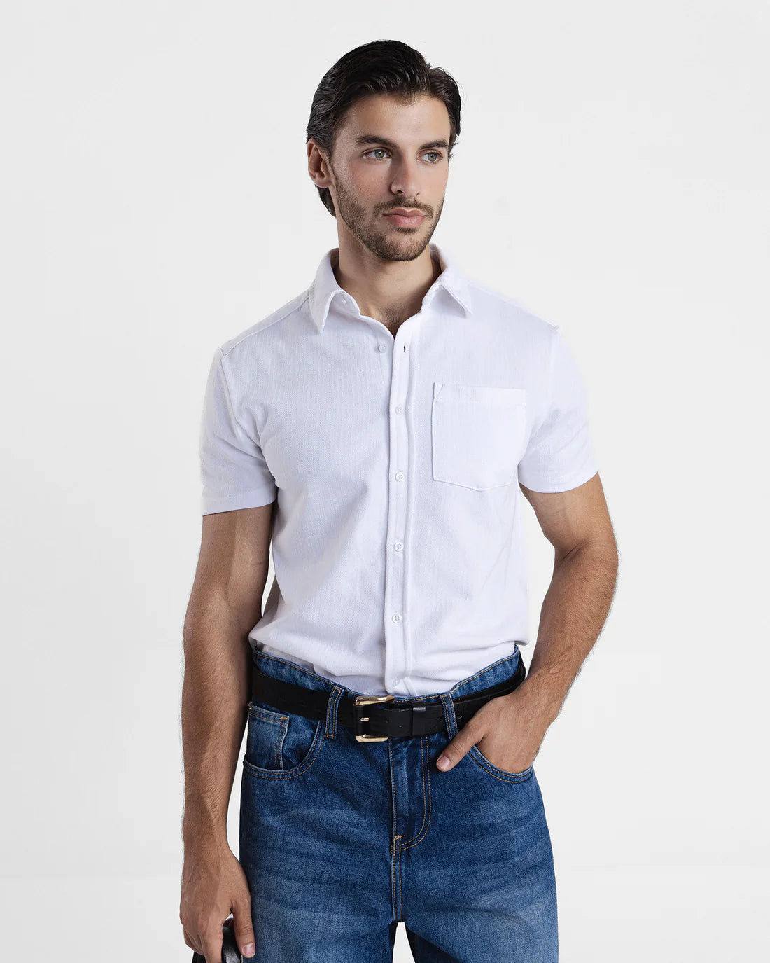 Men Button Down Short Sleeve White Shirt