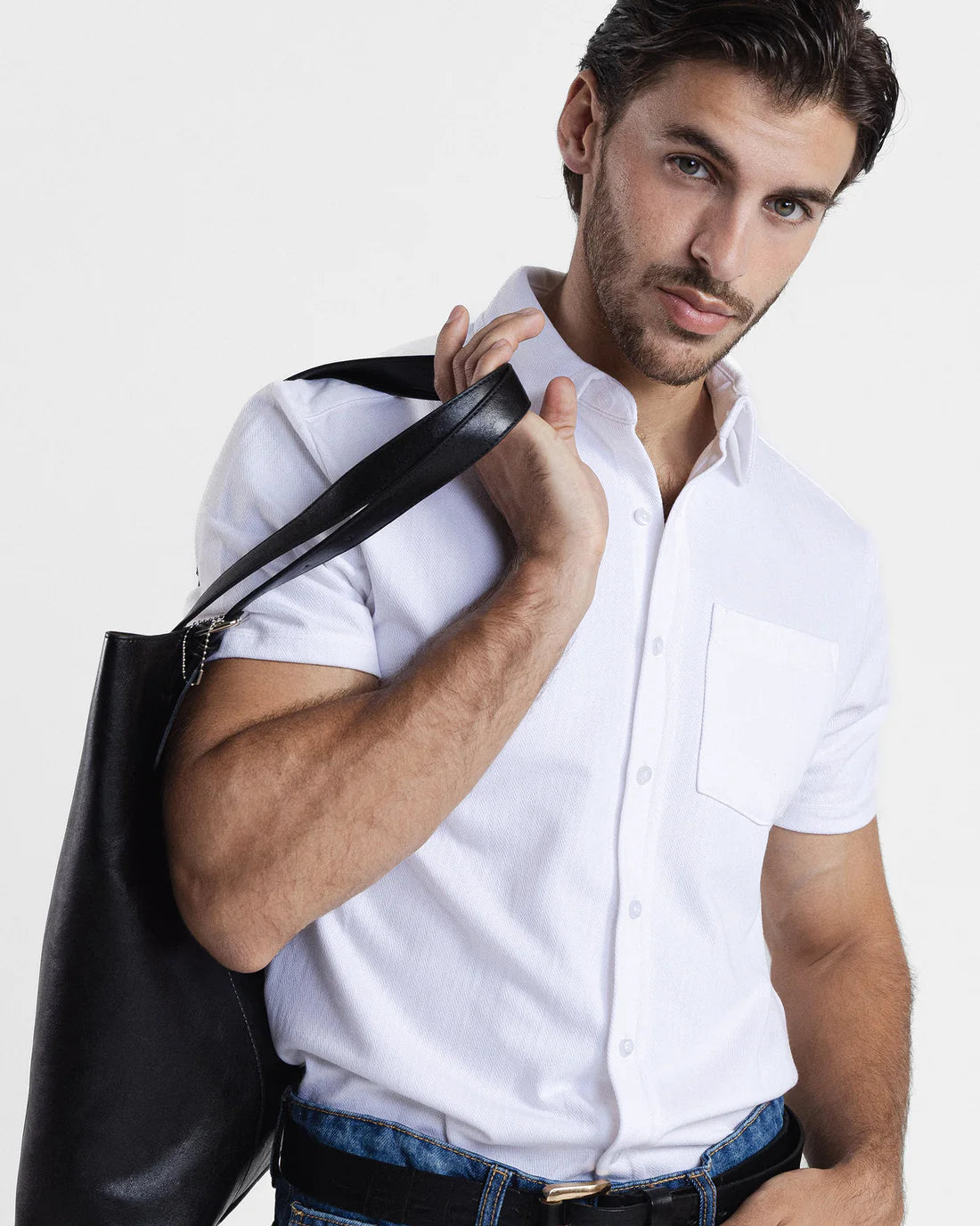 Men Button Down Short Sleeve White Shirt